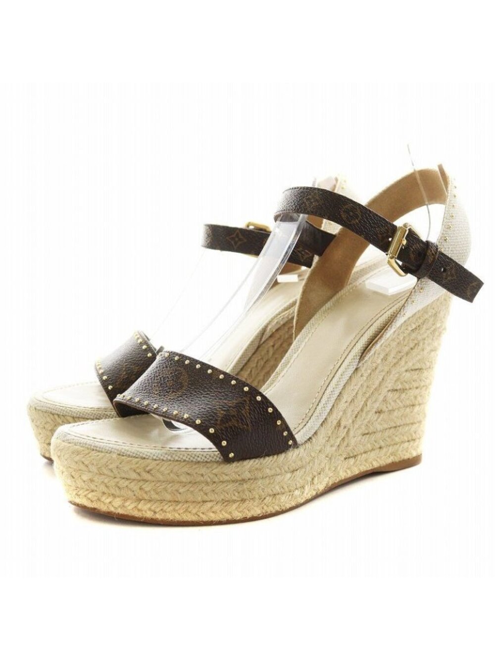 Louis Vuitton Coast Line Monogram Sandals Wedge Sole Strap Beige Brown